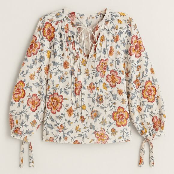 Nicole Miller Boho Floral Peasant Blouse Women’s Size XL Long Sleeve Tie Neck - Picture 2 of 7